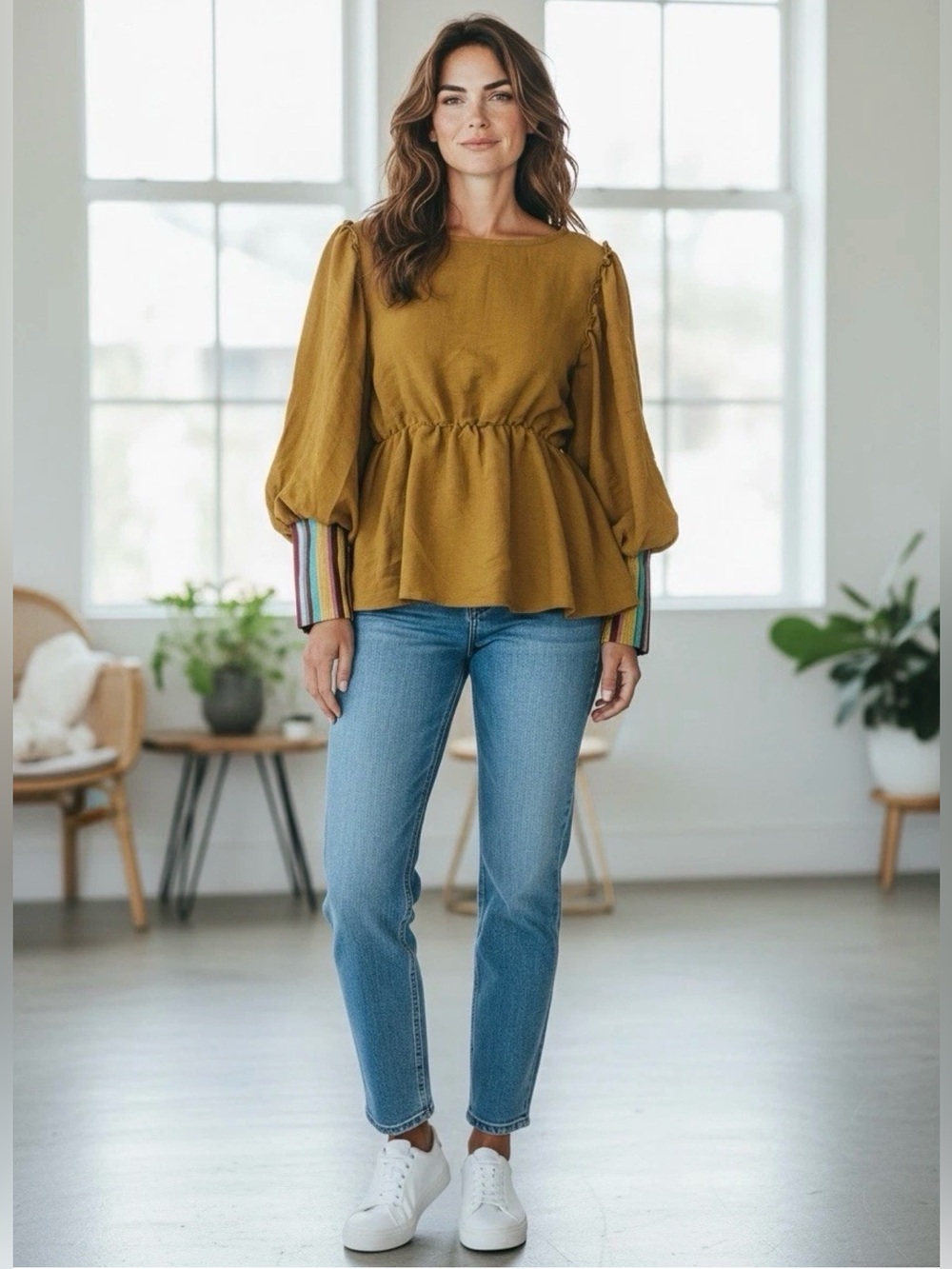 Piyano Women’s Top Ruffle Sleeve Peplum Waist Yellow Size 38